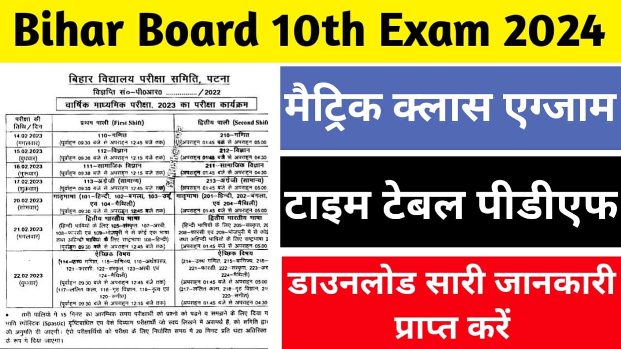 Bihar Board 10th Exam Time Table 2024 मैट्रिक क्लास एग्जाम टाइम टेबल